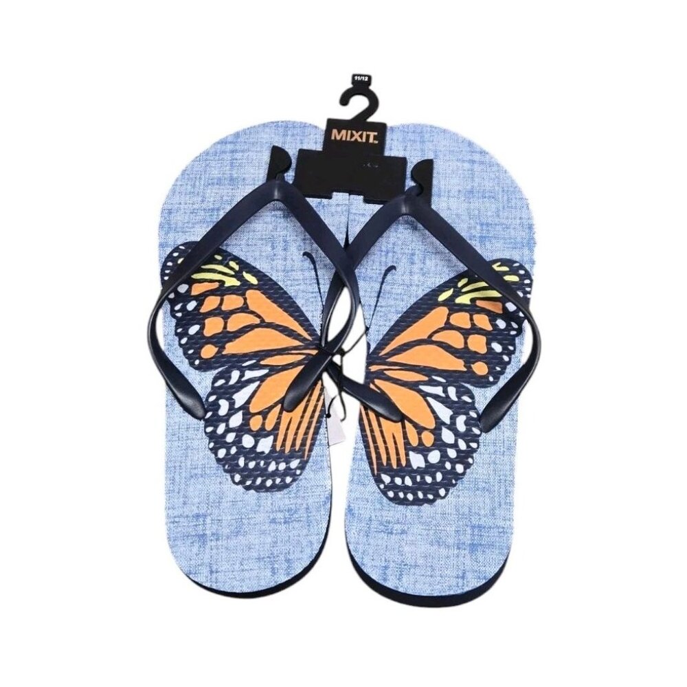 MIXIT Womens  5/6 Flip Flops Sandals Blue Butterfly Summer Beach Pool Vacation